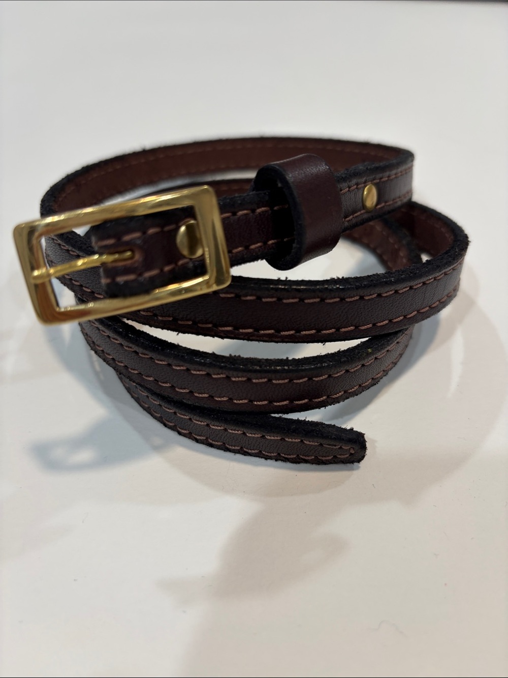 Handcrafted Brown Leather Skinny Belt Gold Buckle Artisan Made 40" Long
